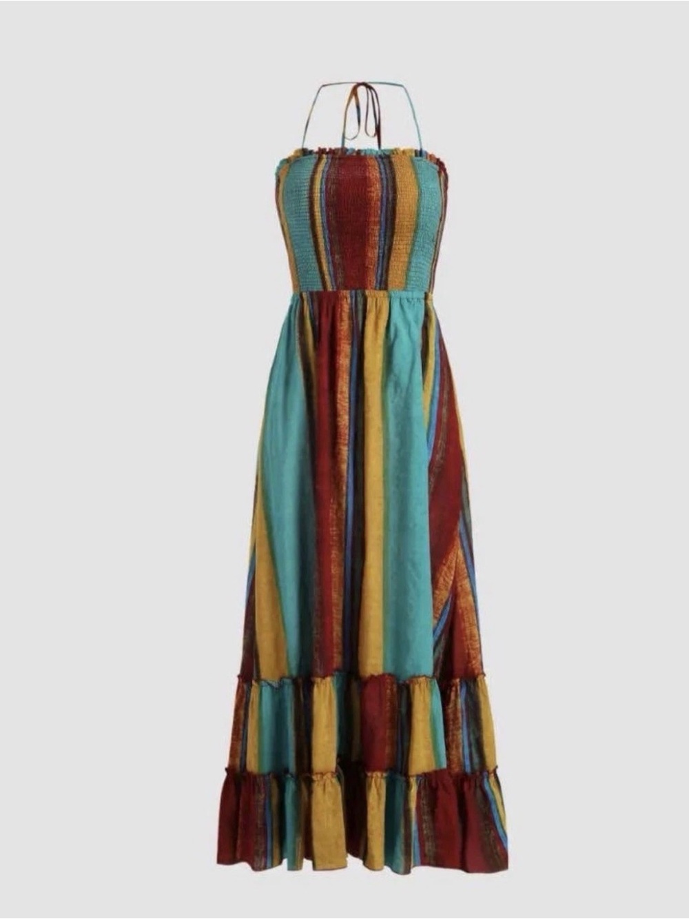 Cider Striped Halter Maxi Dress in Teal, Mustard & Rust